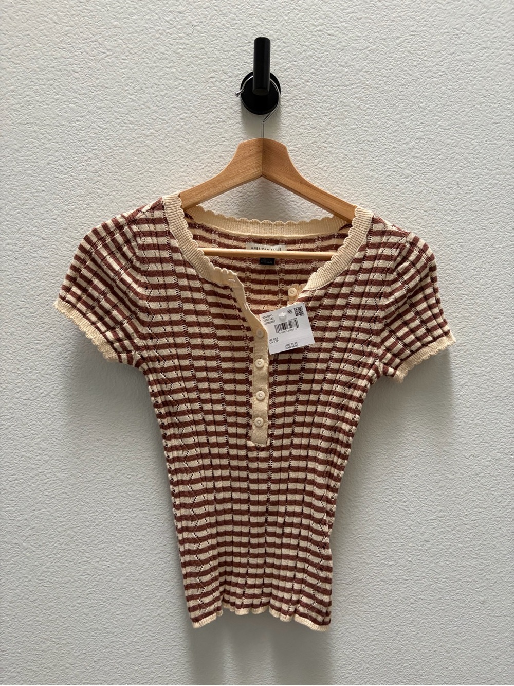 NWT AE Henley Pointelle Sweater T-shirt Brown/Cream XXS